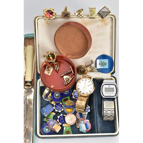 115 - A BOX OF MISCELLANEOUS ITEMS, to include a boxed cake knife, a selection of cufflinks, a selection o... 