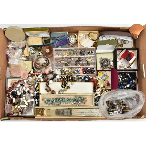 119 - A BOX OF MOSTLY COSTUME JEWELLERY, to include a white metal RAF enamel brooch, stamped 'Silver', len... 