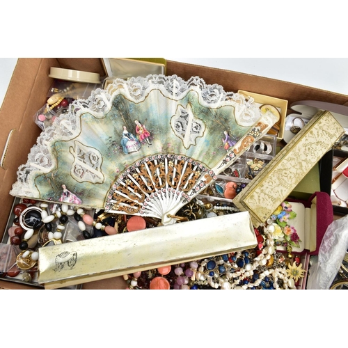 119 - A BOX OF MOSTLY COSTUME JEWELLERY, to include a white metal RAF enamel brooch, stamped 'Silver', len... 