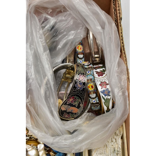 119 - A BOX OF MOSTLY COSTUME JEWELLERY, to include a white metal RAF enamel brooch, stamped 'Silver', len... 