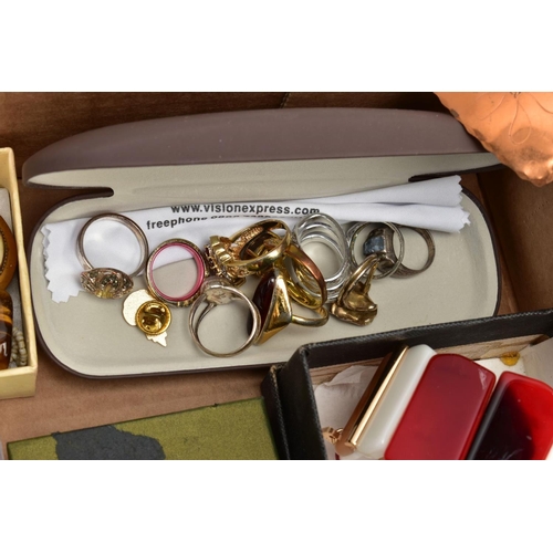 119 - A BOX OF MOSTLY COSTUME JEWELLERY, to include a white metal RAF enamel brooch, stamped 'Silver', len... 