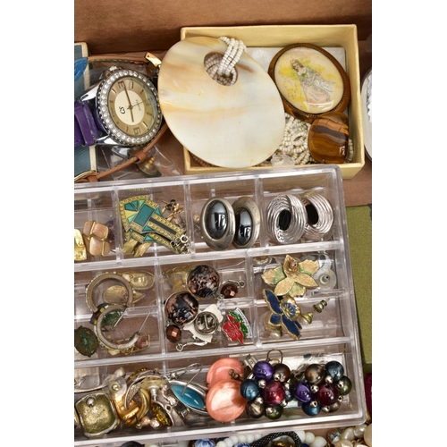 119 - A BOX OF MOSTLY COSTUME JEWELLERY, to include a white metal RAF enamel brooch, stamped 'Silver', len... 