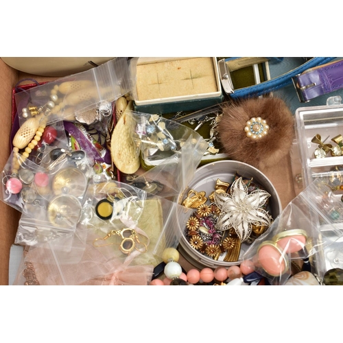 119 - A BOX OF MOSTLY COSTUME JEWELLERY, to include a white metal RAF enamel brooch, stamped 'Silver', len... 