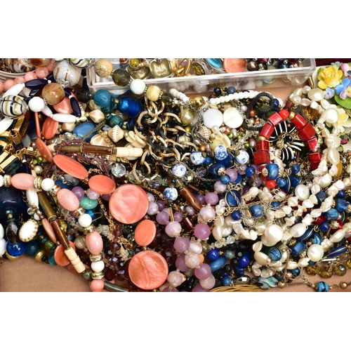 119 - A BOX OF MOSTLY COSTUME JEWELLERY, to include a white metal RAF enamel brooch, stamped 'Silver', len... 