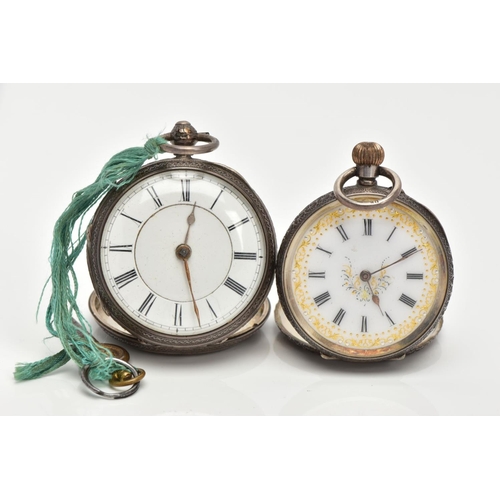 12 - TWO SILVER POCKET WATCHES, the first an open face watch with a round white dial, Roman numerals, gol... 