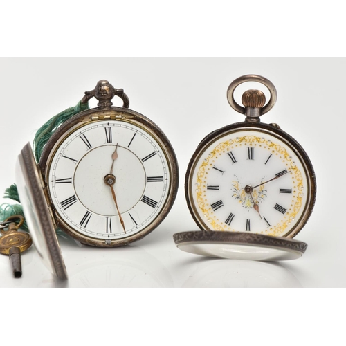 12 - TWO SILVER POCKET WATCHES, the first an open face watch with a round white dial, Roman numerals, gol... 