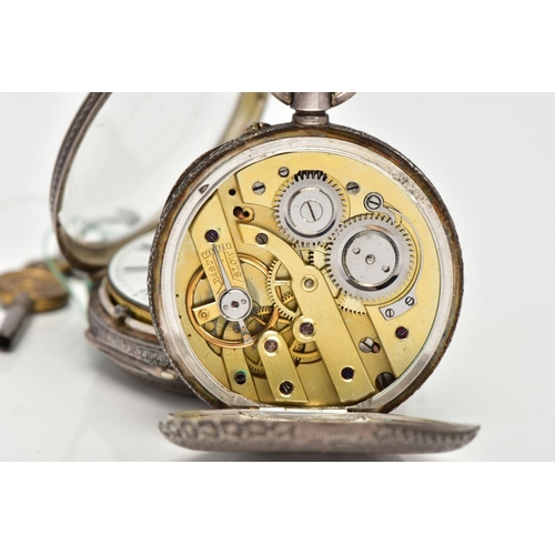 12 - TWO SILVER POCKET WATCHES, the first an open face watch with a round white dial, Roman numerals, gol... 