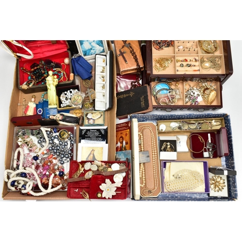 120 - A BOX OF ASSORTED ITEMS, to include a  wooden jewellery box with contents of costume earrings, neckl... 