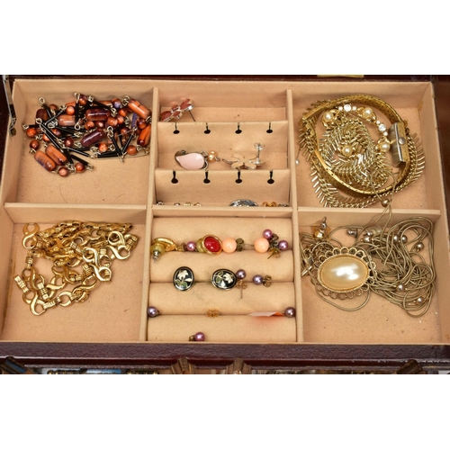 120 - A BOX OF ASSORTED ITEMS, to include a  wooden jewellery box with contents of costume earrings, neckl... 