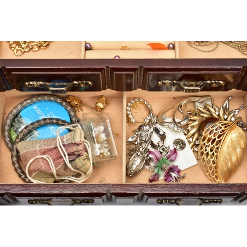 120 - A BOX OF ASSORTED ITEMS, to include a  wooden jewellery box with contents of costume earrings, neckl... 