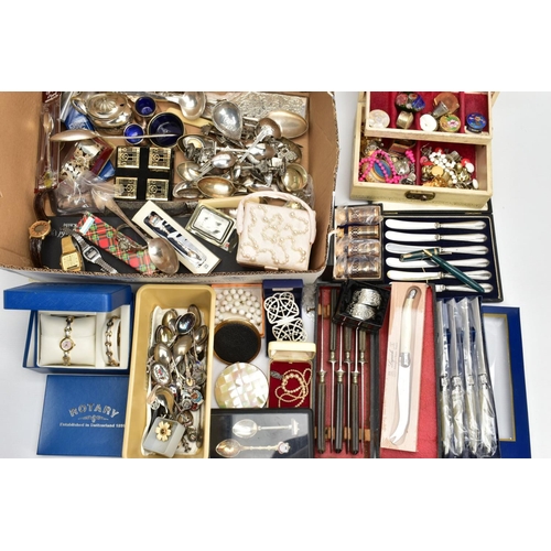 121 - A BOX OF ASSORTED ITEMS, to include a cream jewellery box with contents of costume jewellery, variou... 