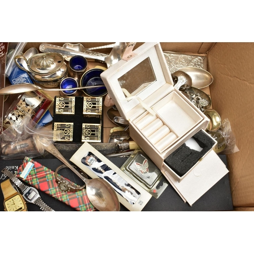 121 - A BOX OF ASSORTED ITEMS, to include a cream jewellery box with contents of costume jewellery, variou... 