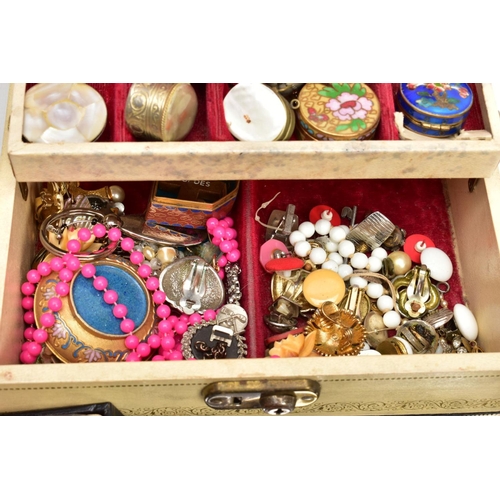 121 - A BOX OF ASSORTED ITEMS, to include a cream jewellery box with contents of costume jewellery, variou... 