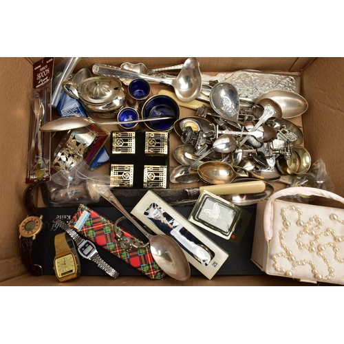 121 - A BOX OF ASSORTED ITEMS, to include a cream jewellery box with contents of costume jewellery, variou... 