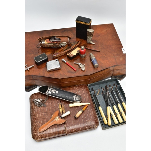 128 - A CANTEEN OF CUTLERY AND ASSORTED ITEMS, a wooden canteen complete with assorted cutlery, the knives... 