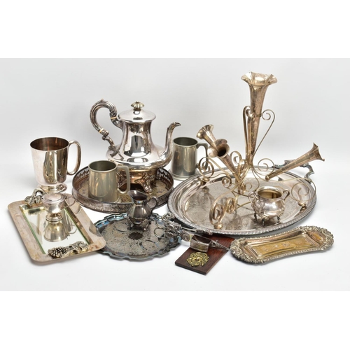 131 - A BOX OF ASSORTED WHITE METAL WARE, to include a silver-plated teapot, a white metal floral centre p... 