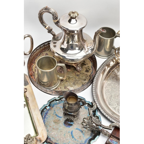 131 - A BOX OF ASSORTED WHITE METAL WARE, to include a silver-plated teapot, a white metal floral centre p... 