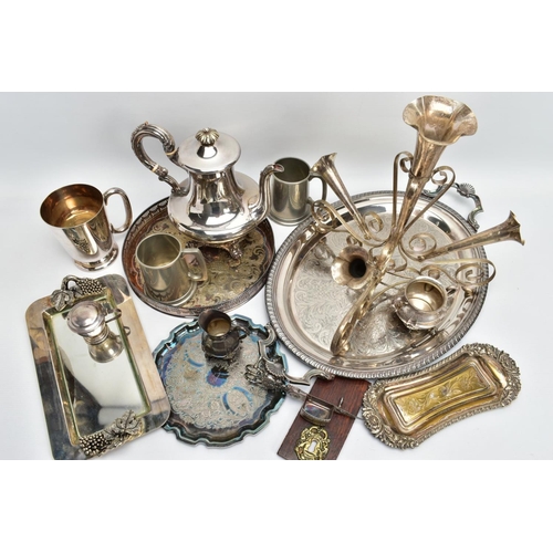 131 - A BOX OF ASSORTED WHITE METAL WARE, to include a silver-plated teapot, a white metal floral centre p... 