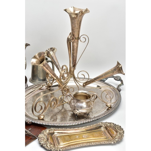 131 - A BOX OF ASSORTED WHITE METAL WARE, to include a silver-plated teapot, a white metal floral centre p... 