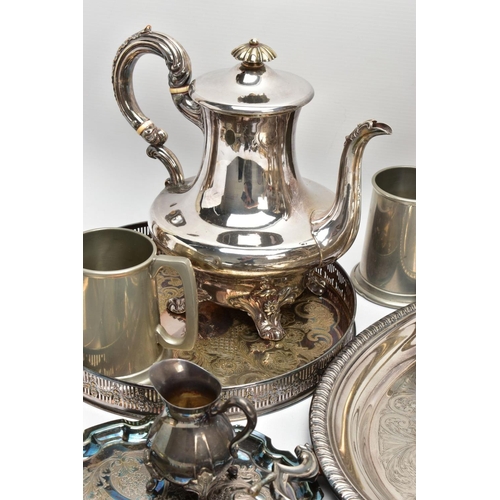 131 - A BOX OF ASSORTED WHITE METAL WARE, to include a silver-plated teapot, a white metal floral centre p... 