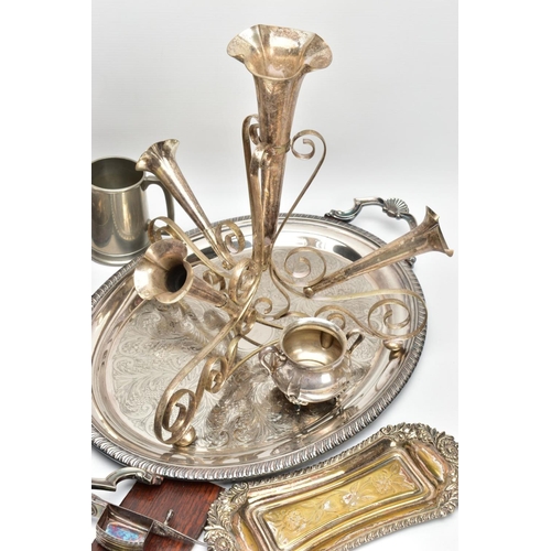 131 - A BOX OF ASSORTED WHITE METAL WARE, to include a silver-plated teapot, a white metal floral centre p... 