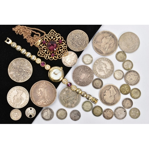 133 - A SMALL AMOUNT OF COINS AND COSTUME JEWELLERY, to include Victoria Half Crown, double Florin, half c... 