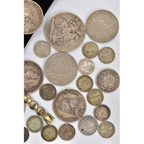 133 - A SMALL AMOUNT OF COINS AND COSTUME JEWELLERY, to include Victoria Half Crown, double Florin, half c... 