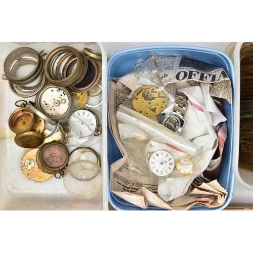 135 - A BOX OF WATCH MAKERS SPARES AND REPAIRS, to include pocket watch dials, cases, movements, a box of ... 