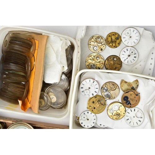 135 - A BOX OF WATCH MAKERS SPARES AND REPAIRS, to include pocket watch dials, cases, movements, a box of ... 