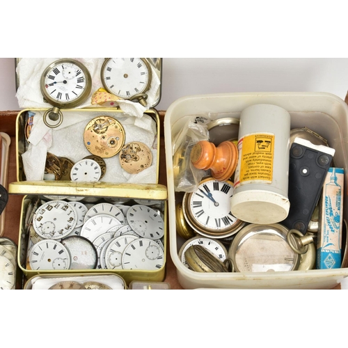 135 - A BOX OF WATCH MAKERS SPARES AND REPAIRS, to include pocket watch dials, cases, movements, a box of ... 