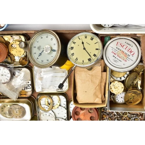 135 - A BOX OF WATCH MAKERS SPARES AND REPAIRS, to include pocket watch dials, cases, movements, a box of ... 