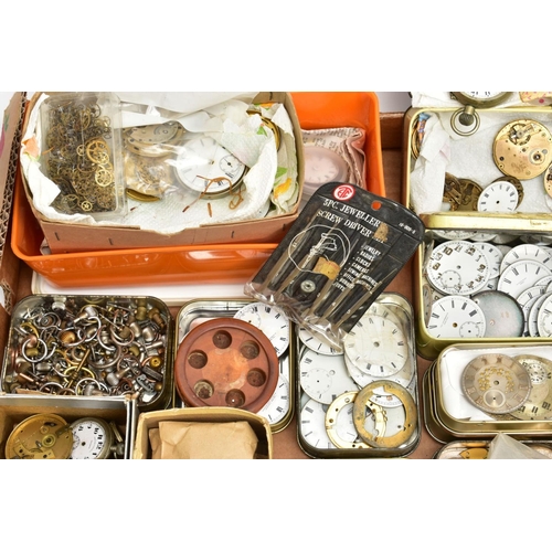 135 - A BOX OF WATCH MAKERS SPARES AND REPAIRS, to include pocket watch dials, cases, movements, a box of ... 