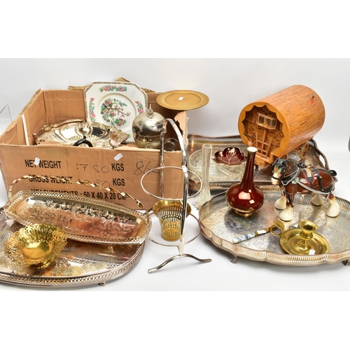 136 - TWO BOXES OF ITEMS, to include a box of white metal ware including a three piece white metal tea ser... 