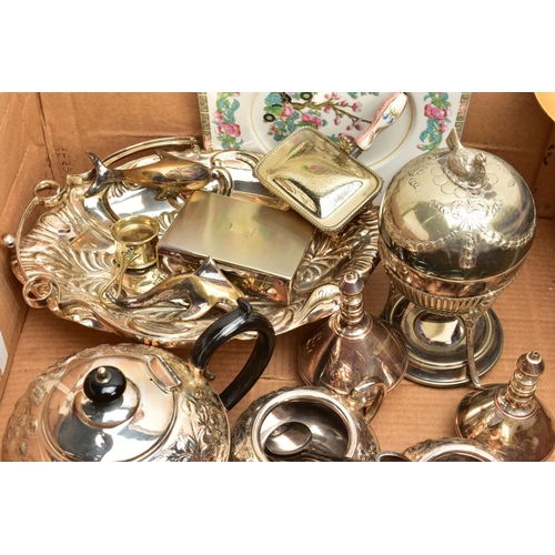 136 - TWO BOXES OF ITEMS, to include a box of white metal ware including a three piece white metal tea ser... 