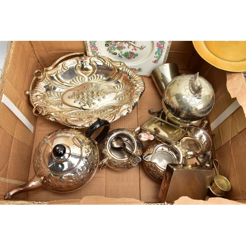 136 - TWO BOXES OF ITEMS, to include a box of white metal ware including a three piece white metal tea ser... 