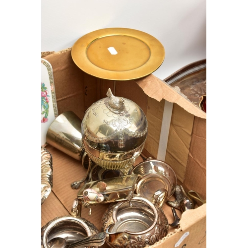 136 - TWO BOXES OF ITEMS, to include a box of white metal ware including a three piece white metal tea ser... 