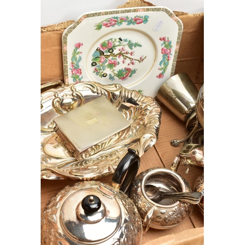 136 - TWO BOXES OF ITEMS, to include a box of white metal ware including a three piece white metal tea ser... 