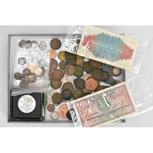 137 - A BOX LID CONTAINING AMOUNTS OF MAINLY UK COINAGE, to include a bag in what appears to be roman silv... 