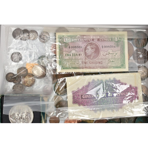 137 - A BOX LID CONTAINING AMOUNTS OF MAINLY UK COINAGE, to include a bag in what appears to be roman silv... 