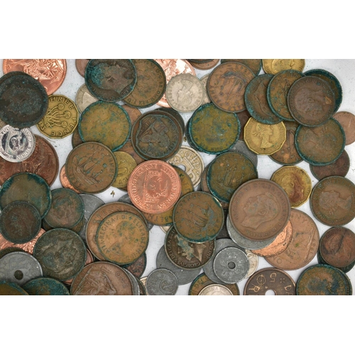 137 - A BOX LID CONTAINING AMOUNTS OF MAINLY UK COINAGE, to include a bag in what appears to be roman silv... 