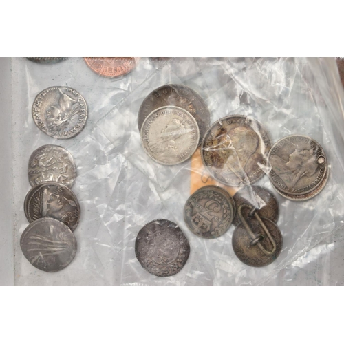 137 - A BOX LID CONTAINING AMOUNTS OF MAINLY UK COINAGE, to include a bag in what appears to be roman silv... 