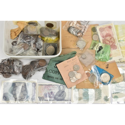 138 - A PLASTIC BOX CONTAINING WORLD COINAGE, to include amounts of silver coins, a mounted with brooch pi... 