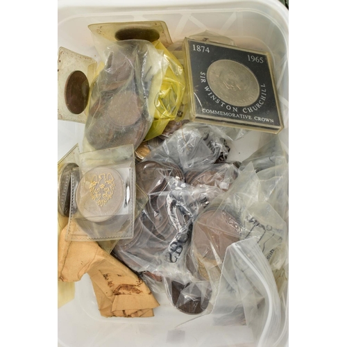 138 - A PLASTIC BOX CONTAINING WORLD COINAGE, to include amounts of silver coins, a mounted with brooch pi... 