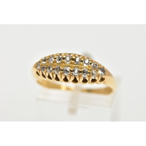 14 - AN 18CT GOLD DIAMOND BOAT RING, a yellow gold ring set with sixteen old cut diamonds, leading onto a... 