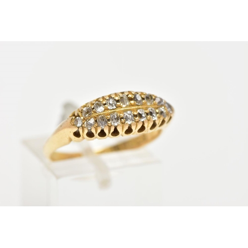 14 - AN 18CT GOLD DIAMOND BOAT RING, a yellow gold ring set with sixteen old cut diamonds, leading onto a... 