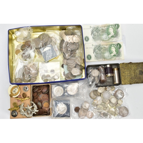 140 - A BISCUIT TIN OF COINS AND COMMEMORATIVES, to include an 1894 and 1889 Victoria crown coins, a parce... 