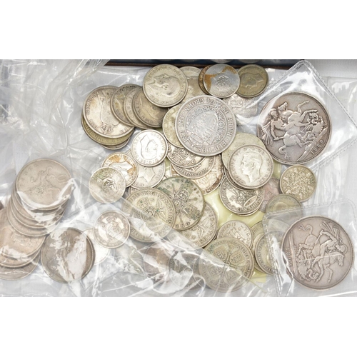 140 - A BISCUIT TIN OF COINS AND COMMEMORATIVES, to include an 1894 and 1889 Victoria crown coins, a parce... 