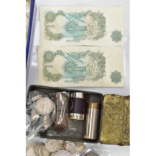 140 - A BISCUIT TIN OF COINS AND COMMEMORATIVES, to include an 1894 and 1889 Victoria crown coins, a parce... 