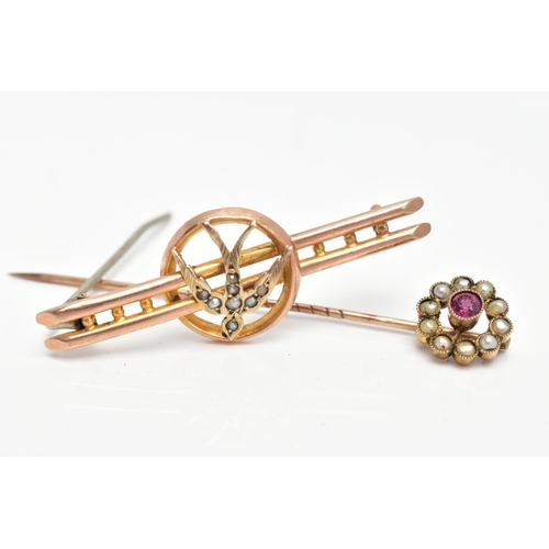 142 - A VICTORIAN BROOCH AND STICK PIN, the brooch designed with a seed pearl set swallow bird, within a c... 