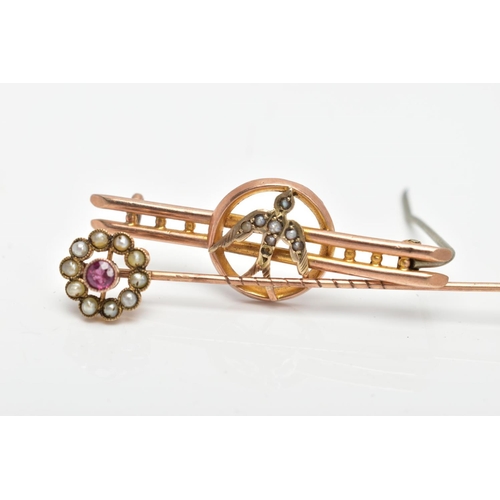 142 - A VICTORIAN BROOCH AND STICK PIN, the brooch designed with a seed pearl set swallow bird, within a c... 